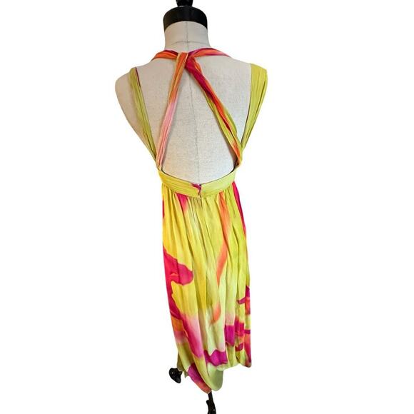 BCBGMAXAZRIA Lime 100% Silk Chiffon Pleated Top Maxi Dress Size 12 - Picture 4 of 8